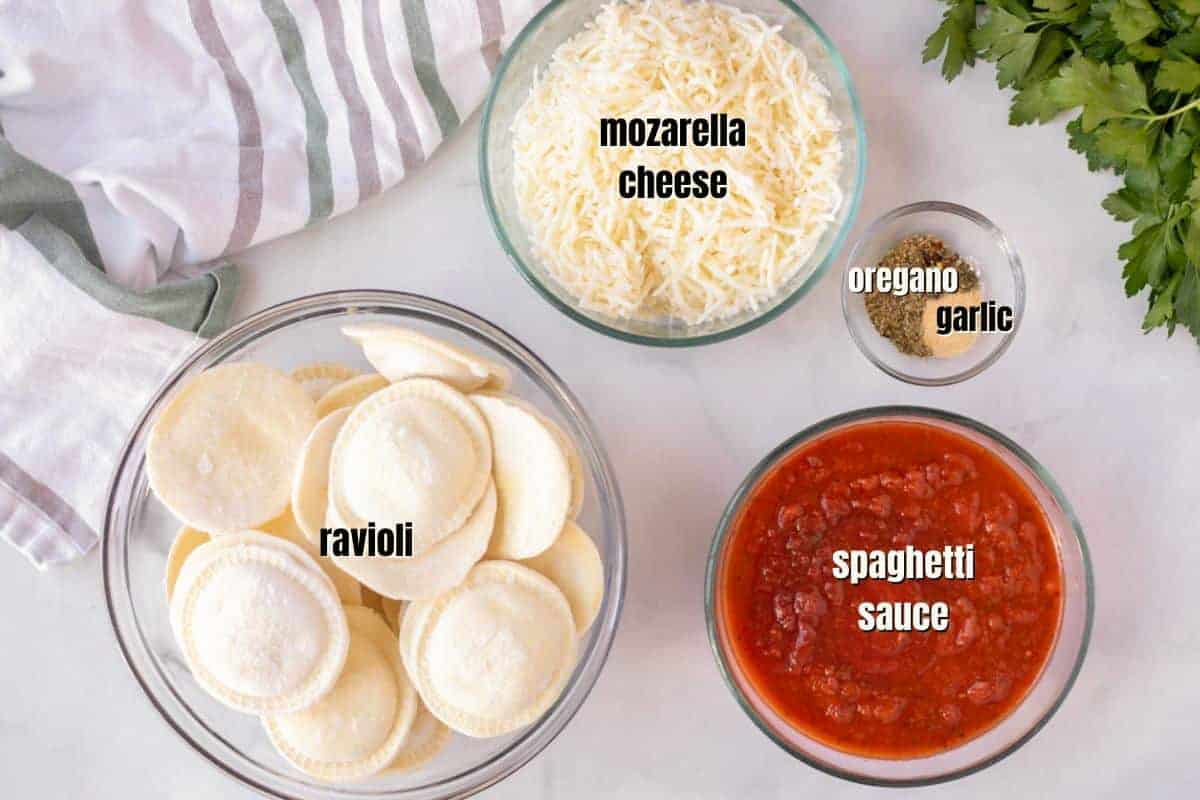 Ingredients for Ravioli Lasagna on counter labeled.