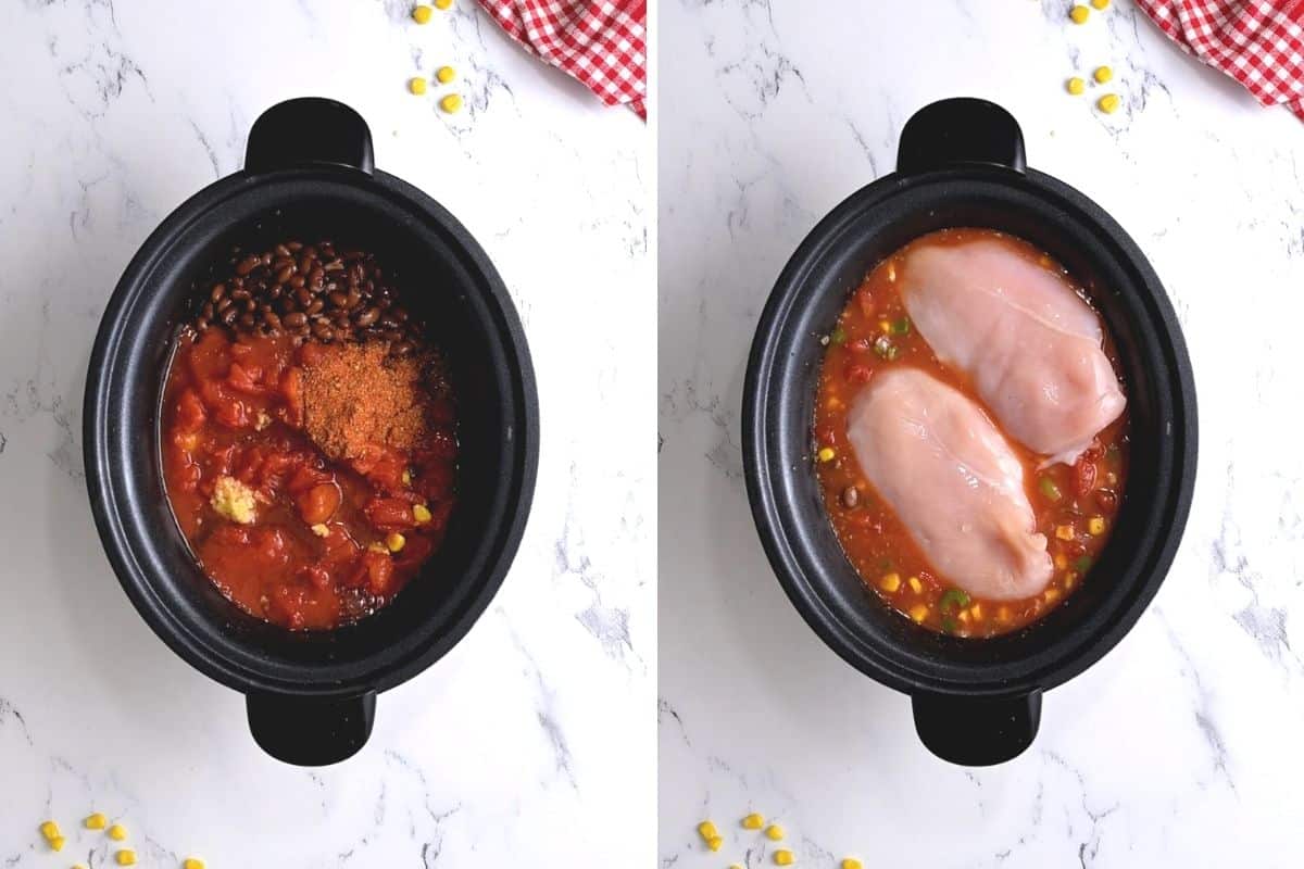 Side by side photo of ingredients in slow cooker with and without chicken.