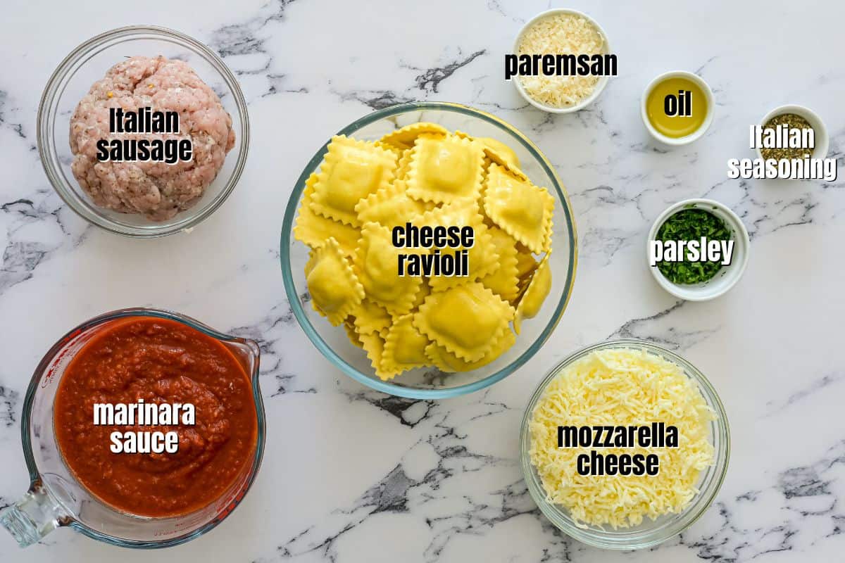 Ingredients for Baked Ravoli labeled on counter.