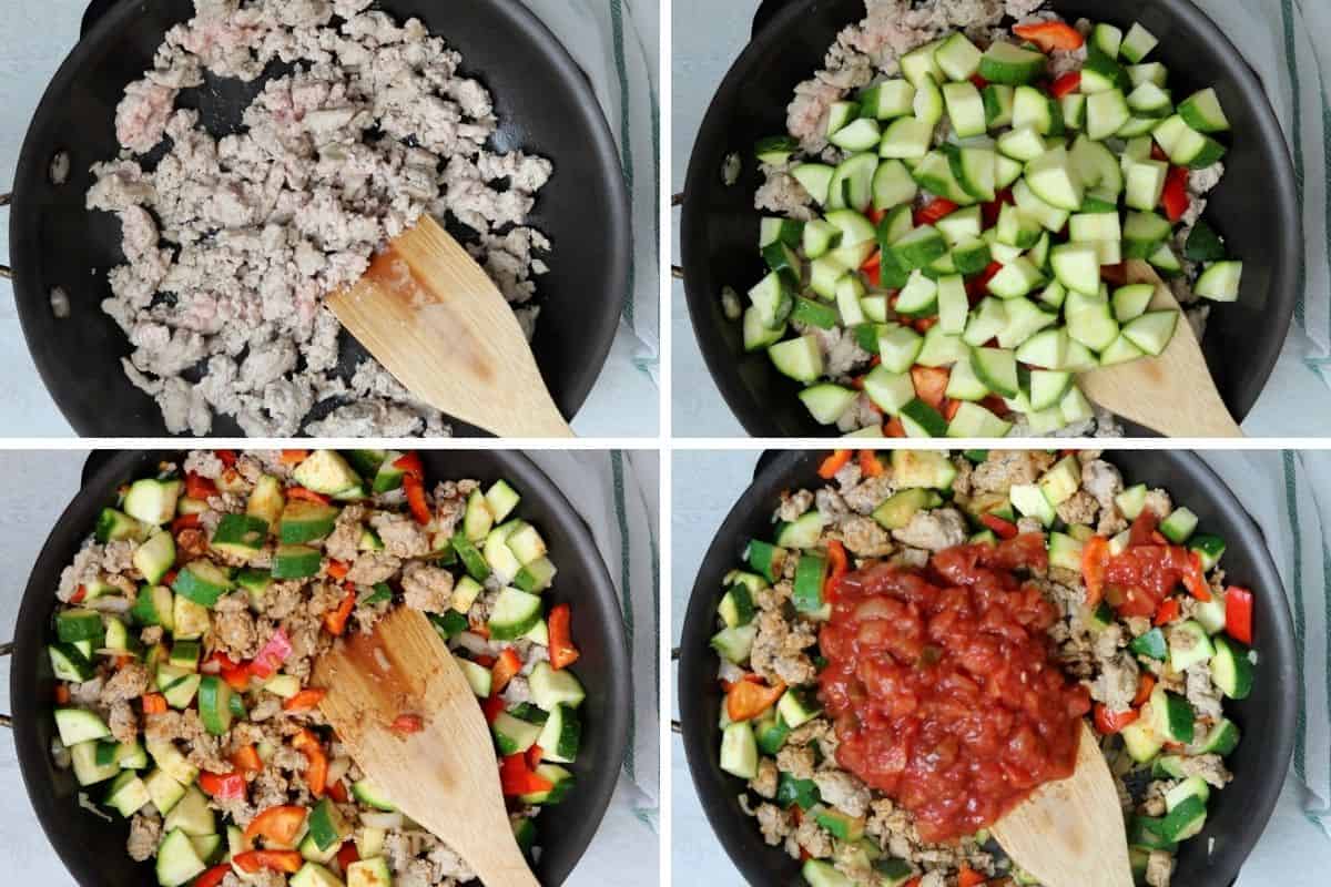 A collage of 4 photos of steps of making ground turkey skillet with zucchini and peppers. 