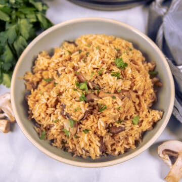 Instant Pot Rice Pilaf in gray serving bowl.