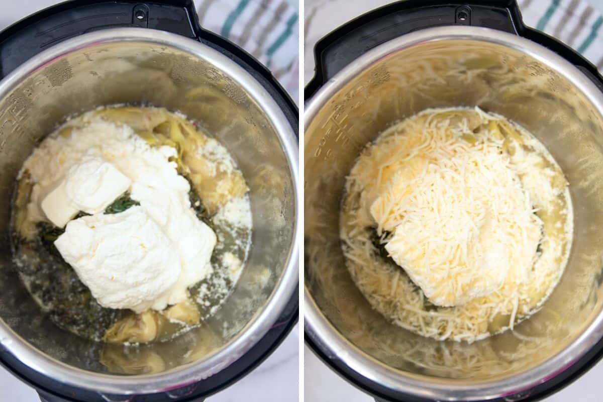 Side by side photo of Instant Pot Spinach Dip before and after stirring.