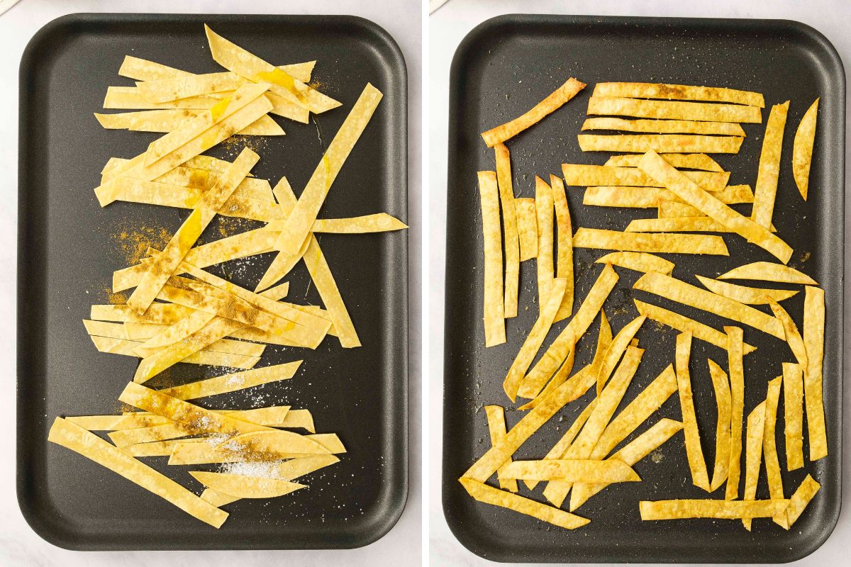 Tortilla Strips before and after toasting.