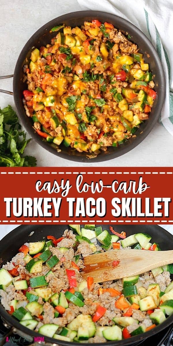 If you are looking for a healthy ground turkey recipe, this Turkey Taco Skillet is for you! Made with ground turkey, zucchini, peppers, taco seasoning, and cheese, this easy recipe is the perfect way to use ground turkey.