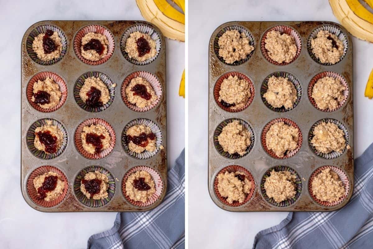 Muffin tin with oatmeal cup batter with and without jelly.