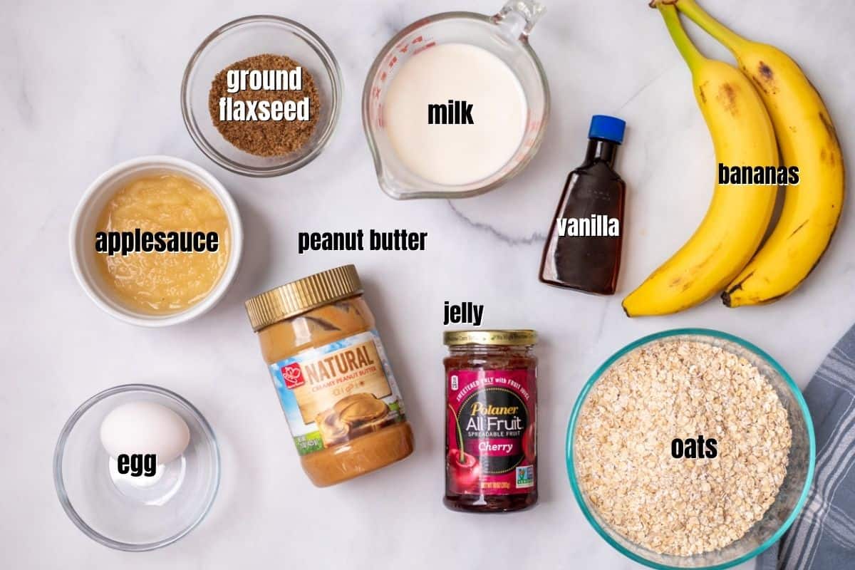Ingredients for oatmeal cups labeled on counter. 