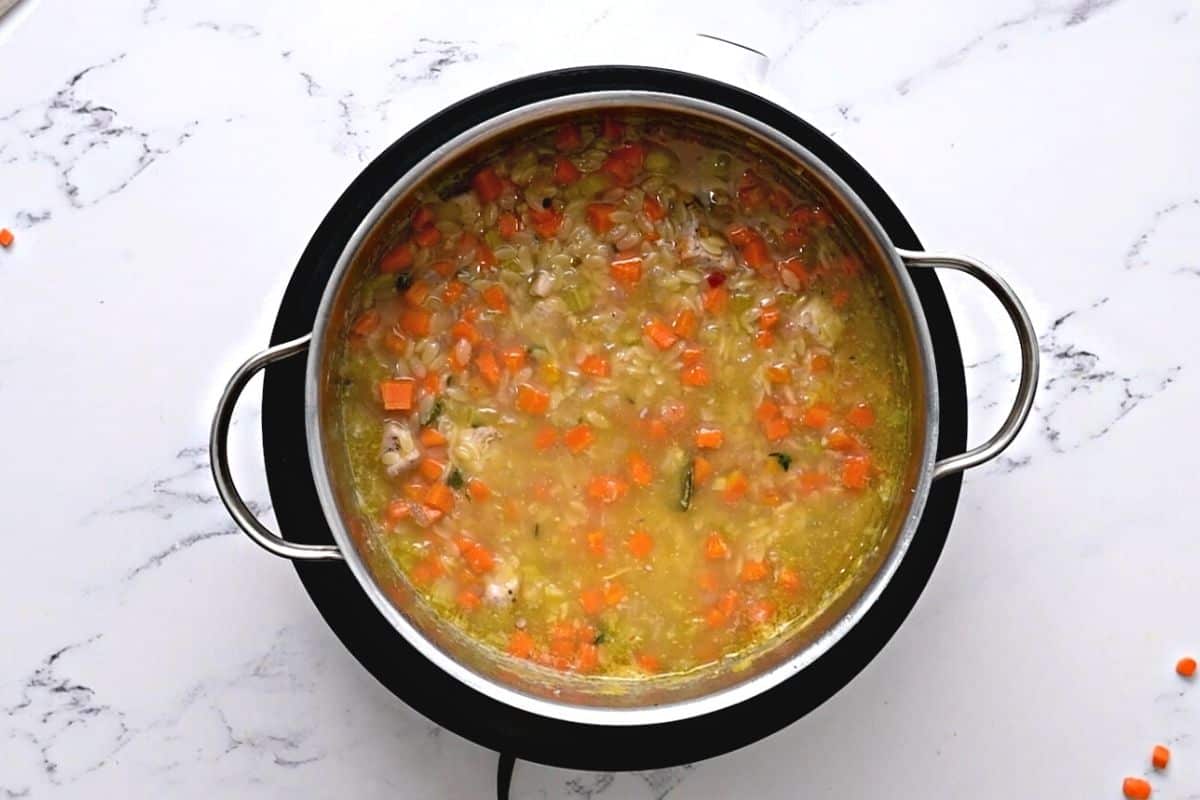 Stock pot with simmering orzo soup.