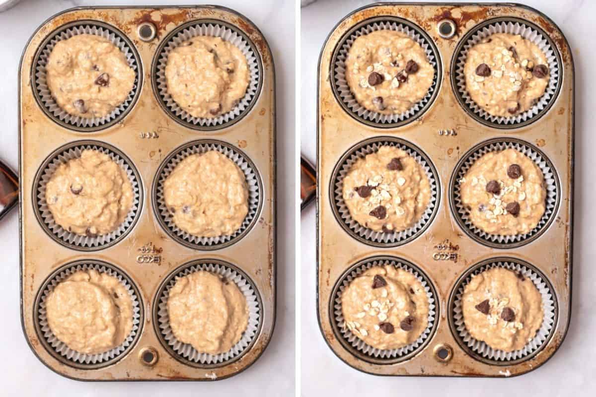 Side by side photo of muffin tin with muffin batter with and without adding chocolate chips to top of muffins. 