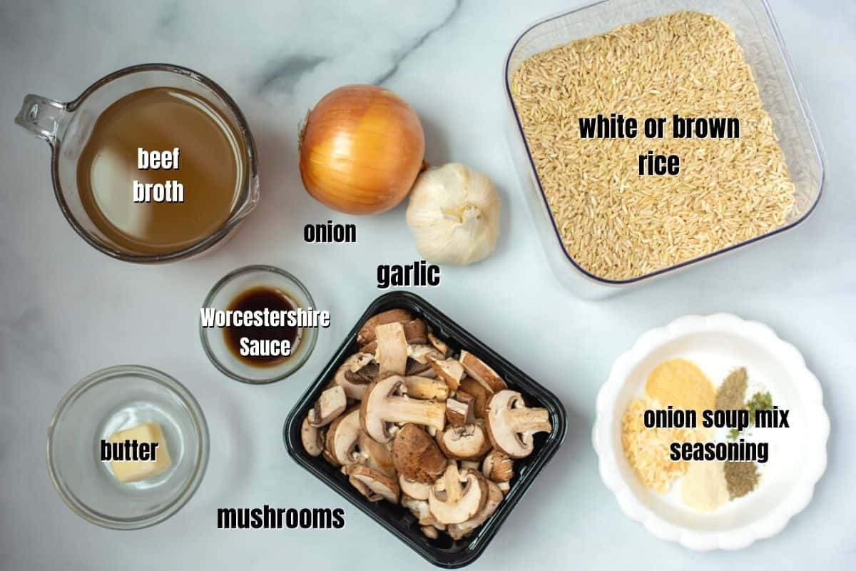 Ingredients for mushroom rice pilaf labled on counter. 