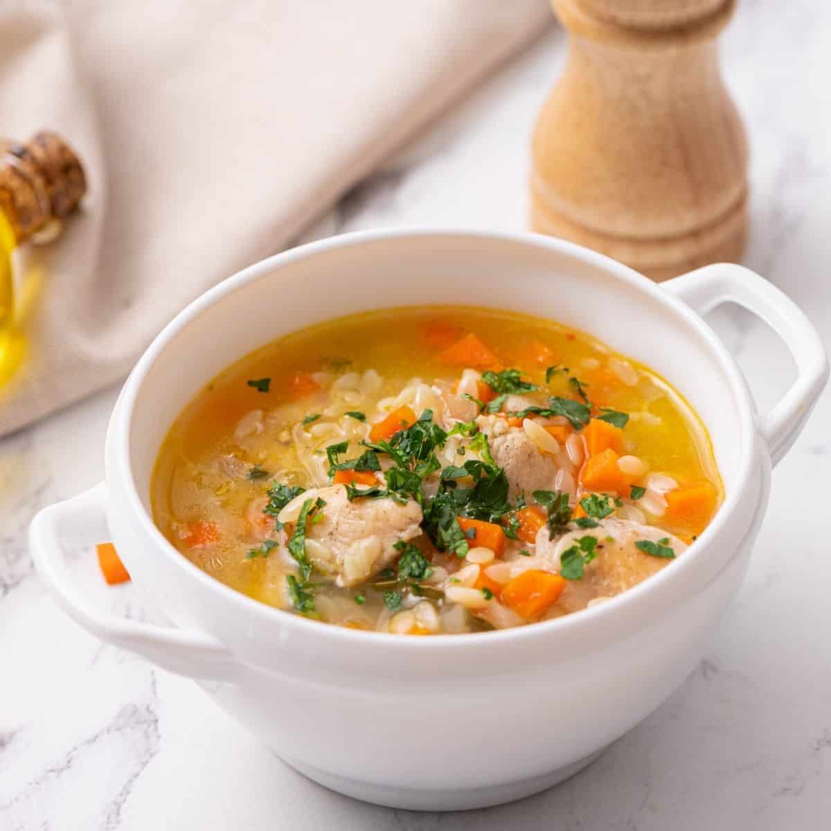 Bowl of chicken orzo soup topped with parsley.