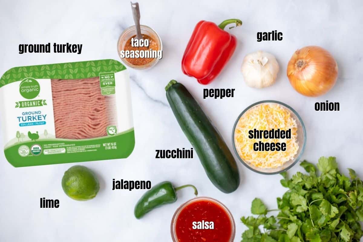 Ingredients labeled for turkey taco skillet. 