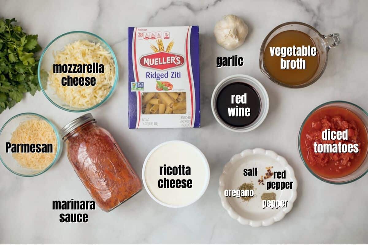 Ingredients for Instant Pot Pasta labeled on counter.