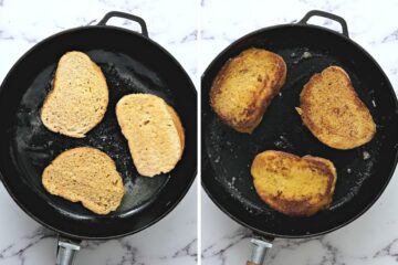 Side by side photo of french toast cooking in skillet before and after flipping.