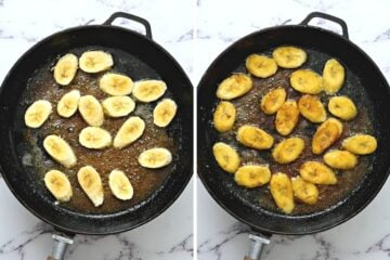 Side by side photo of bananas in skillet before and after browning.