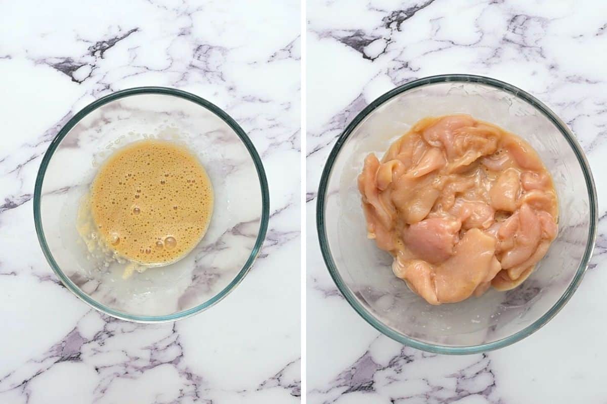 Side by side photo of chicken marinade next to chicken in marinade.