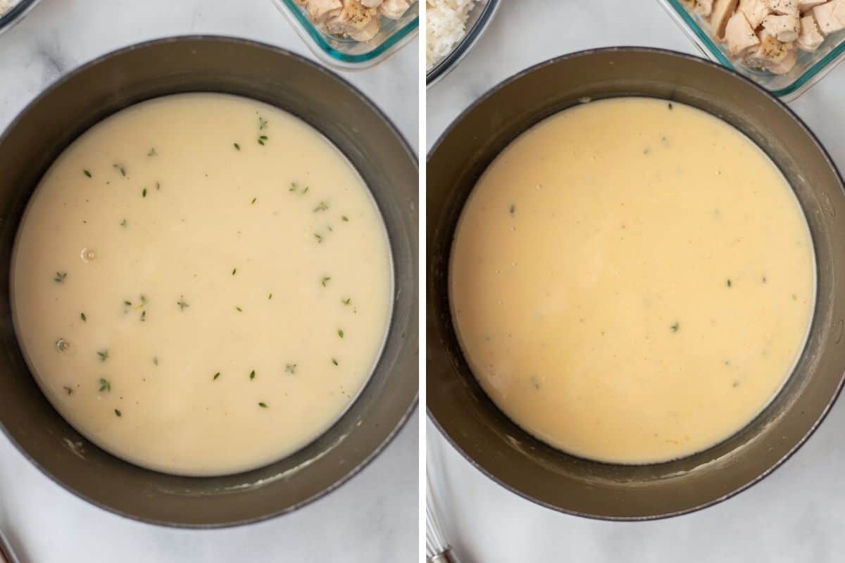 Side by side photo of cheese sauce before and after adding cheese.