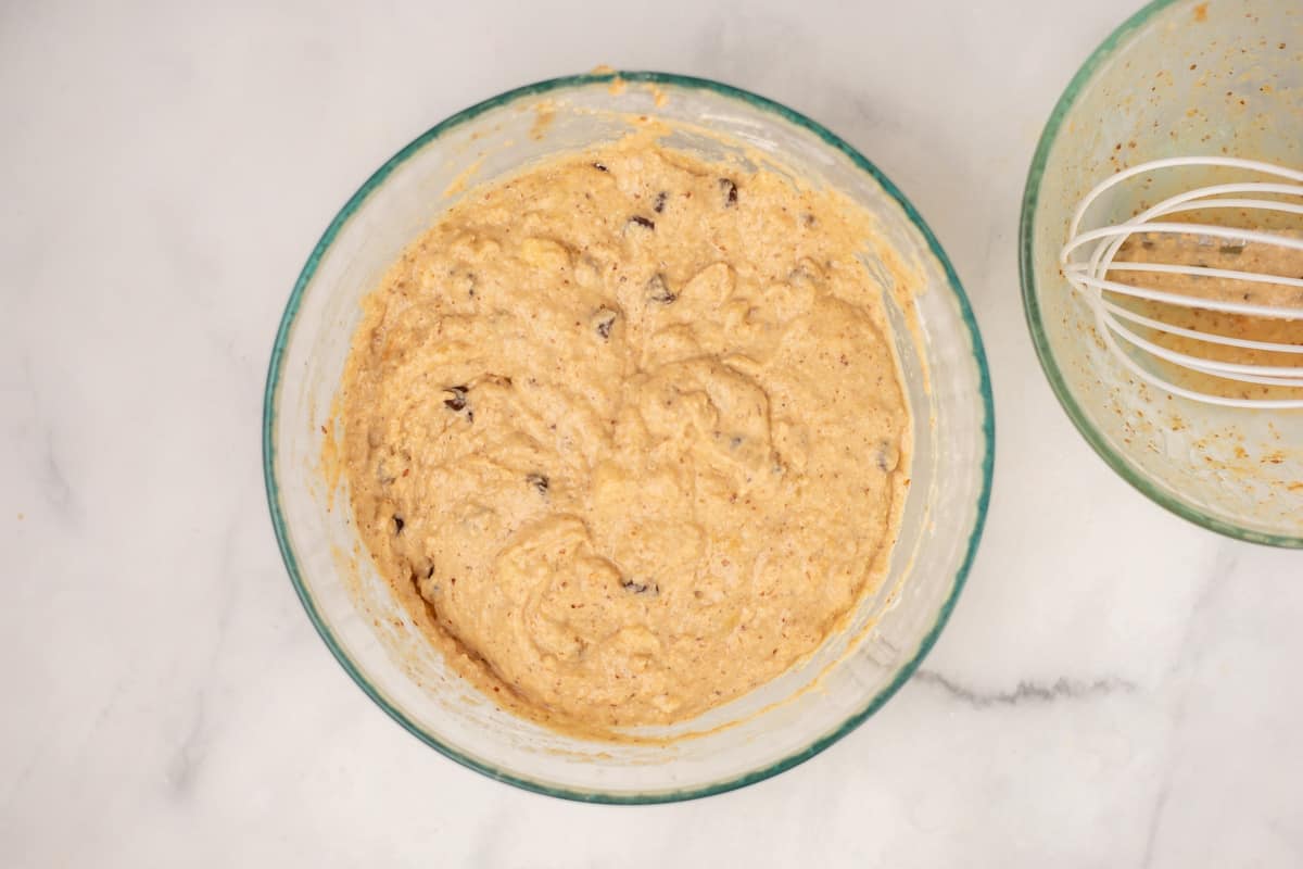 Peanut Butter Banana Muffin Batter in mixing bowl.