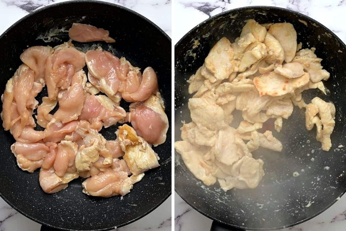 Side by side photo of saute pan before and after browning chicken breast.