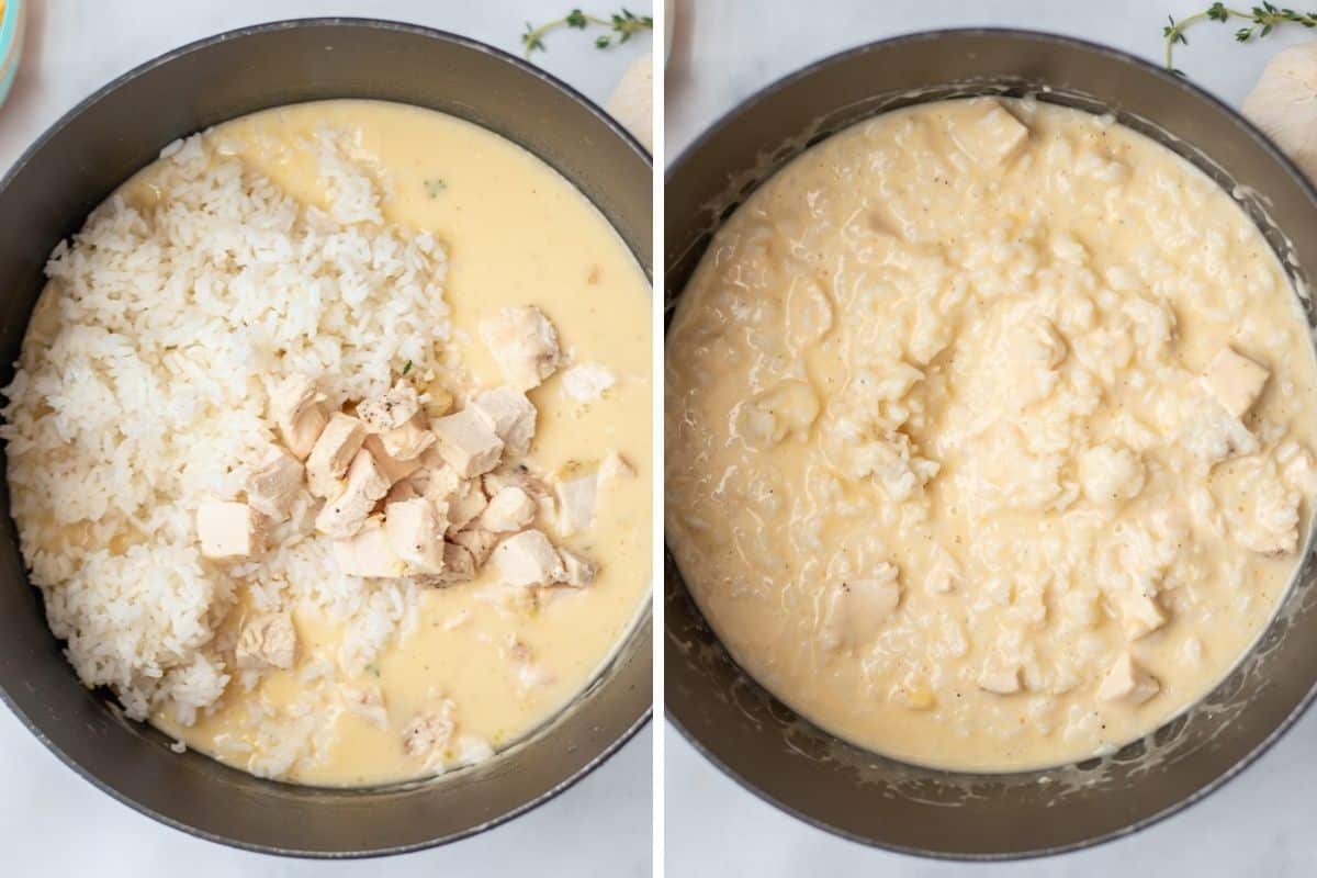 Side by side photo of cheese sauce with rice and chicken before and after mixing.
