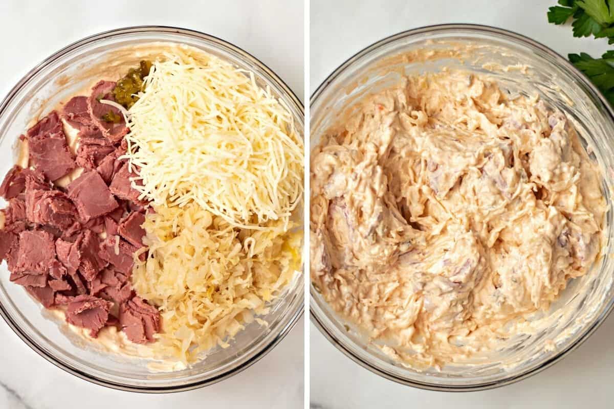 Side by side mixing bowl with ingredients for reuben dip before and after mixing.