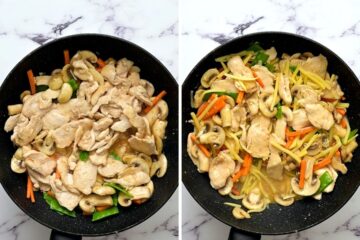 Side by side photo of saute pan before and after adding bamboo shoots.