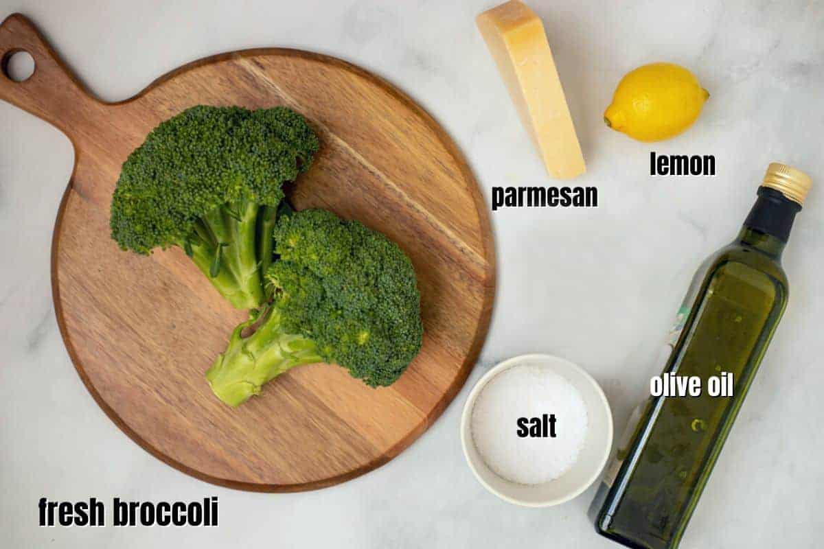 Ingredients for roasted broccoli labeled on counter. 