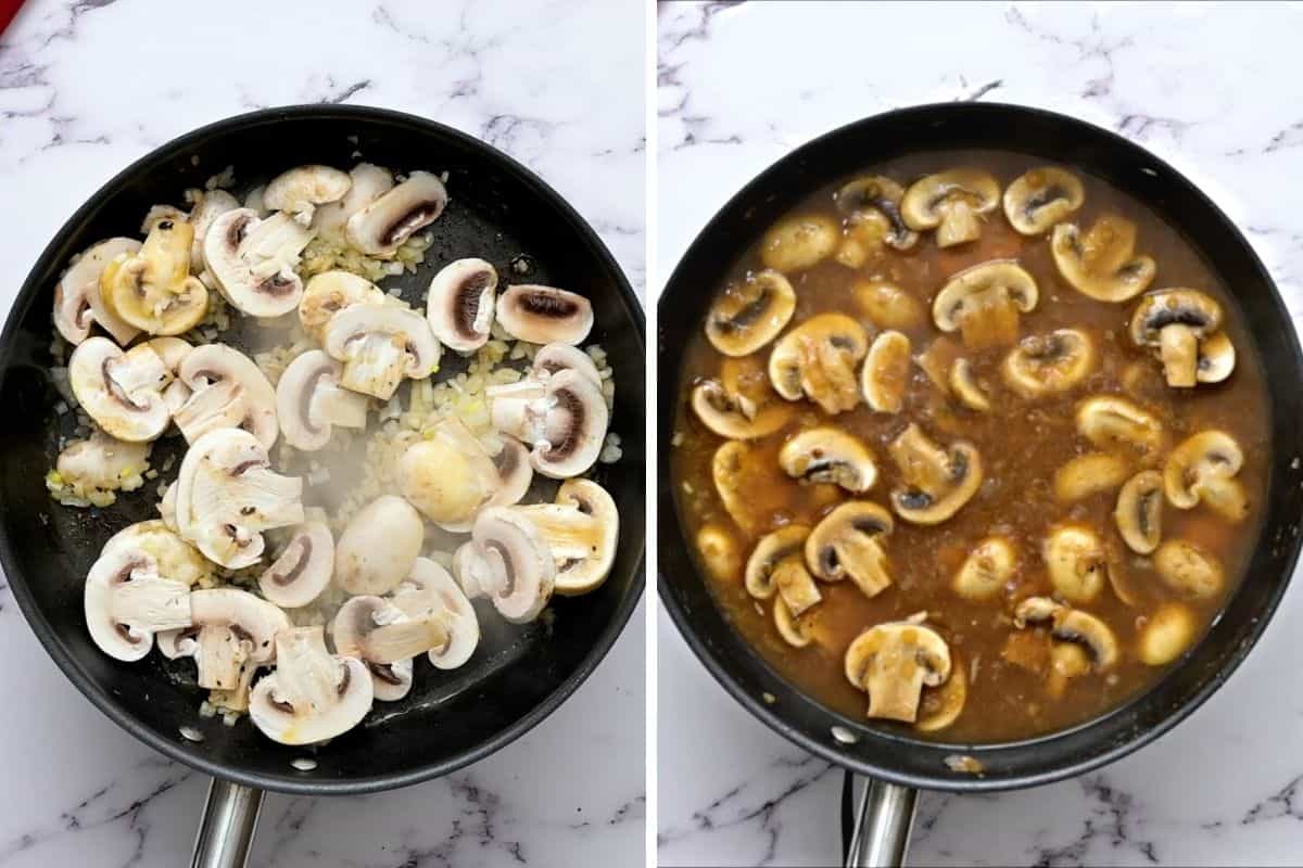 Side by side picture of saute pan with mushrooms and onions before and after adding liquid.