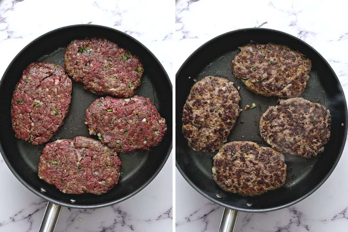 Side by side frying pan with chopped steak patties before and after searing.