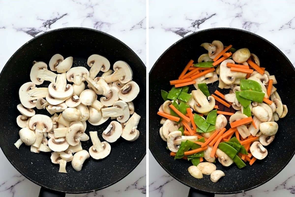 Side by side photo of saute pan with mushrooms and with mushrooms, carrots, and snow peas.