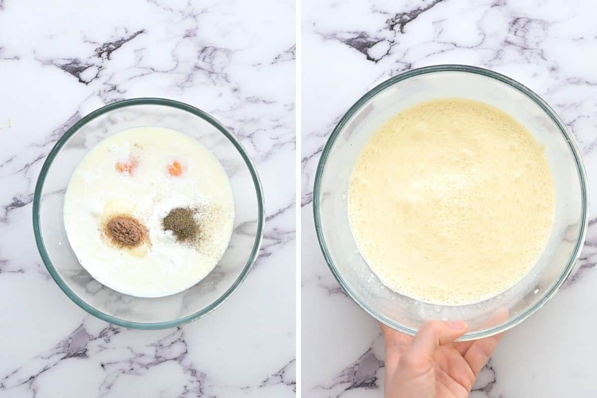 Side by side bowl before and after mixing egg custard. 