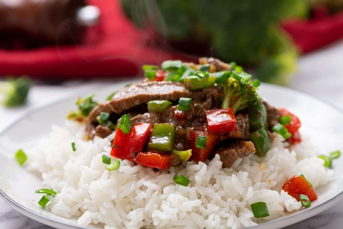 Hunan Beef Stir Fry served over rice.