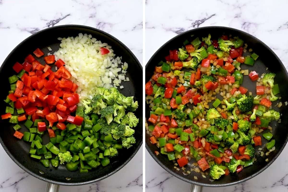 Side by side skillet before and after sauteeing vegetables for hunan beef.
