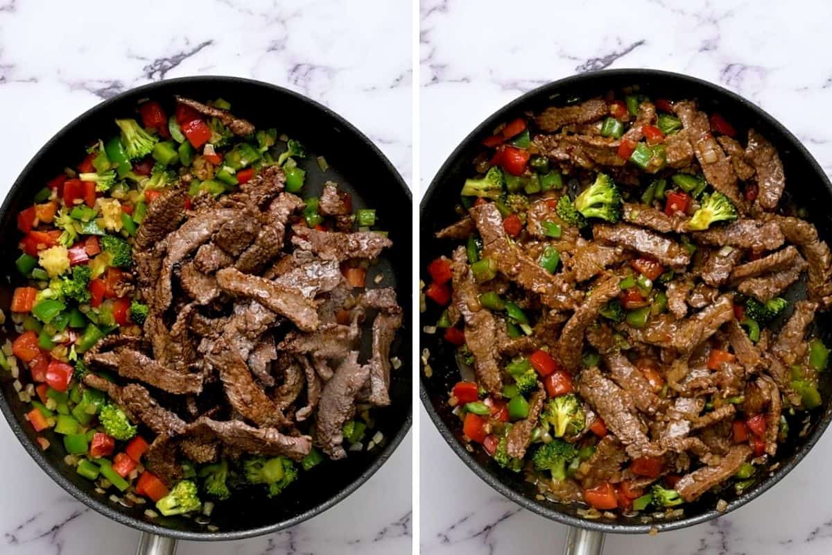 Side by side skillet before and after mixing together the beef with the veggies.