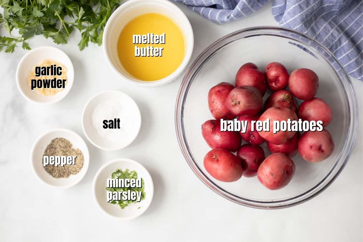 Ingredients for smashed potatoes labeled on counter. 