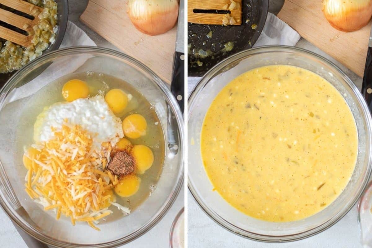 Side by side bowl before and after mixing eggs with cottage cheese and cheese. 