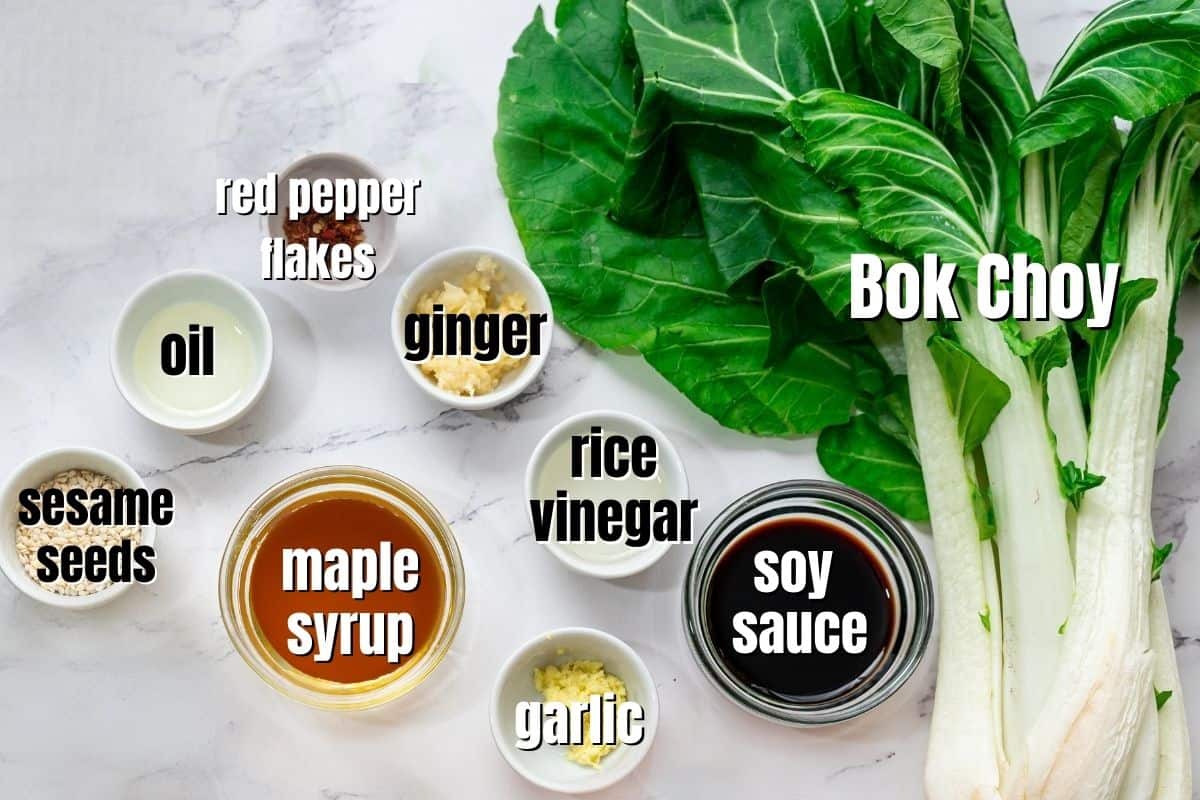 Ingredients for glazed bok choy on counter labeled.
