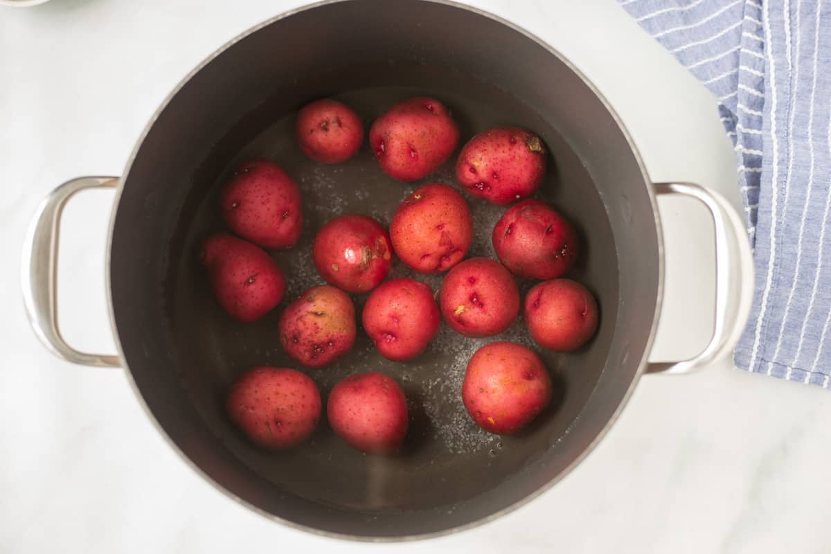 Baby red potatoes in a stockpan covered with water. 