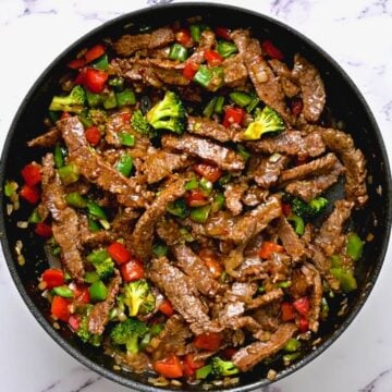 Saute pan with hunan beef.