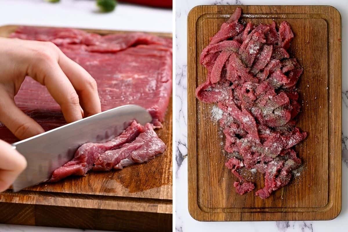 Side by side photo of flank steak before and after thinly slicing.