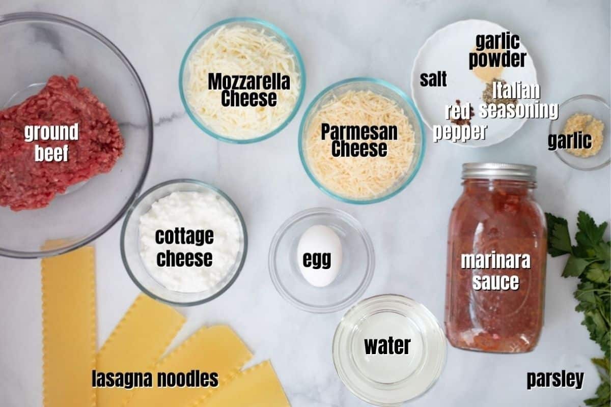 Ingredients for homemade lasagna on counter labeled.
