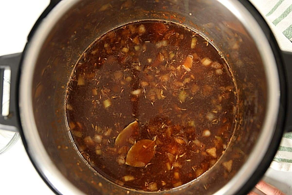 Beer, onions, celery, for Irish Stew in inner pot.
