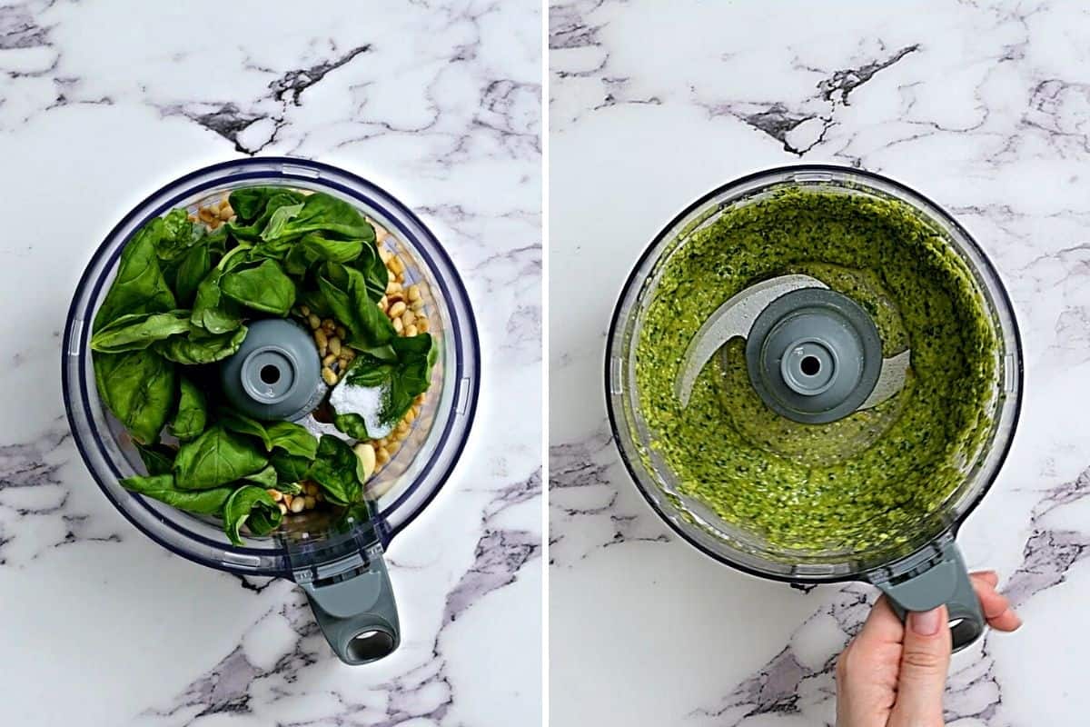 Side by side photo of food processor before and after blending pesto.