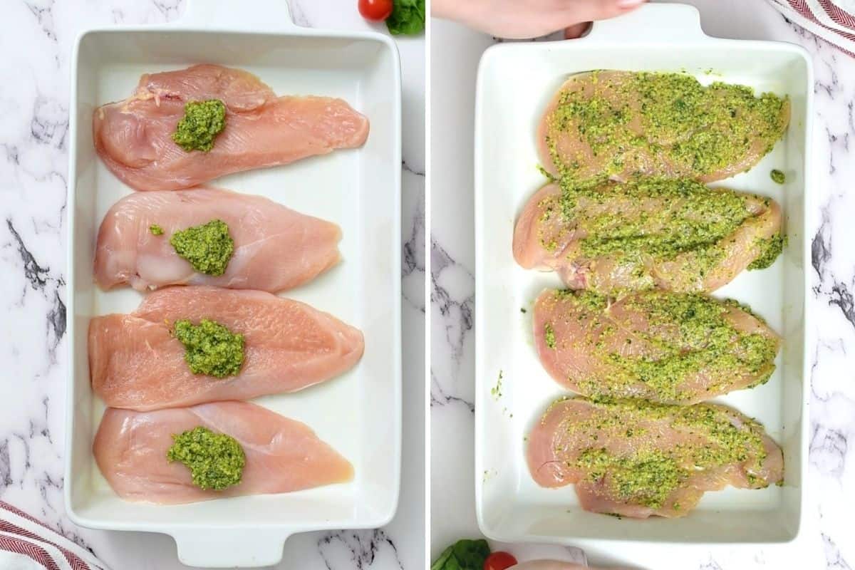 Side by side photo showing pesto before and after spread on chicken breasts.