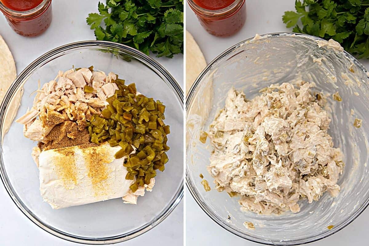 Side by side mixing bowl before and after combining filling ingredients together.