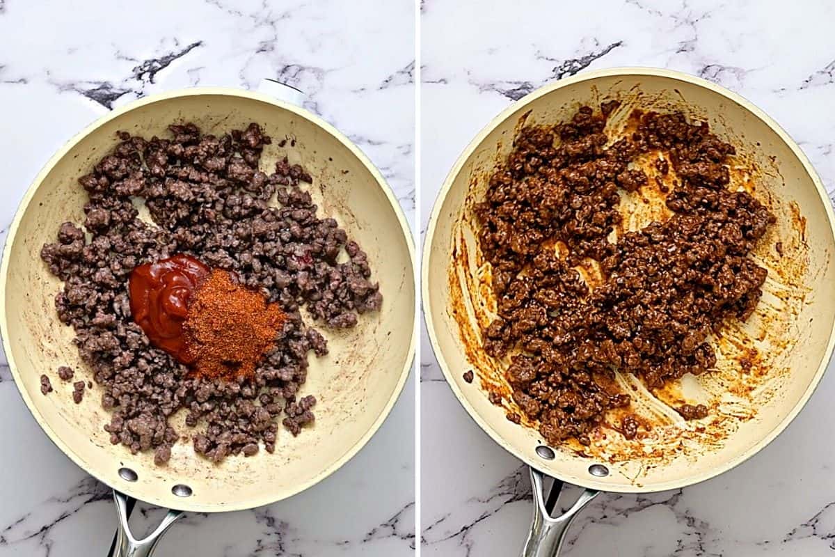 Side by side photo of taco meat before and after seasoning ground beef.