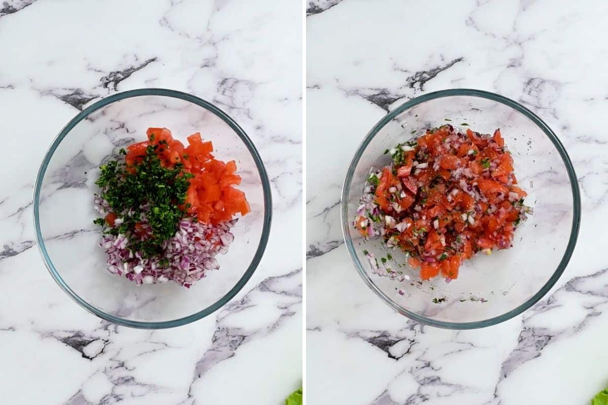 Side by side photo of tomato and onion mixture before and after mixing together. 