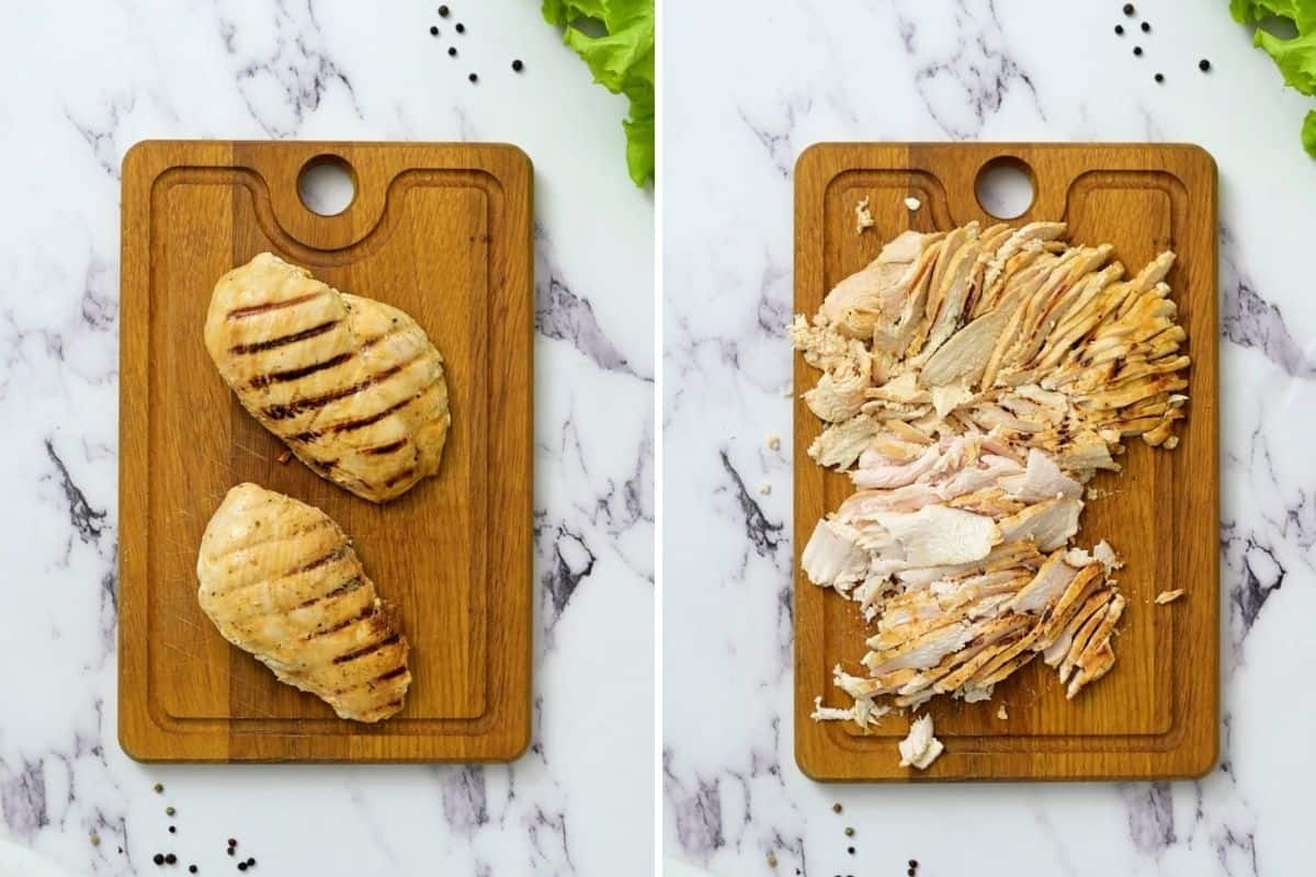 Side by side photo showing chicken on cutting board before and after being sliced. 