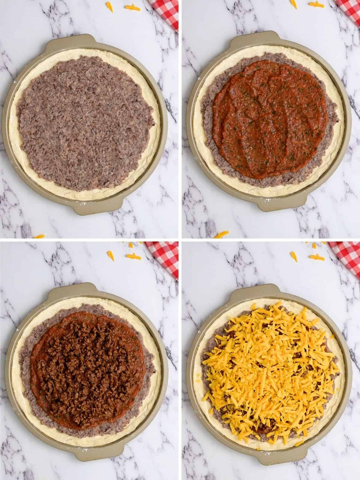 Collage of 4 photos showing assembling taco pizza toppings.