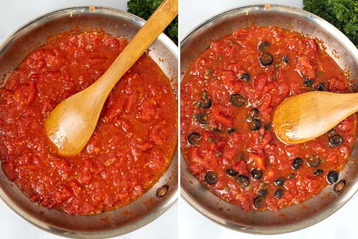 Side by side skillet with Puttanesca Sauce before and after adding olives and capers.