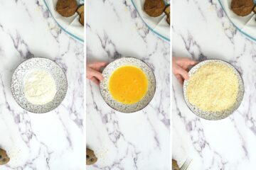 Three pictures side by side showing bowls of flour, egg, and panko for breading station for the shrimp.